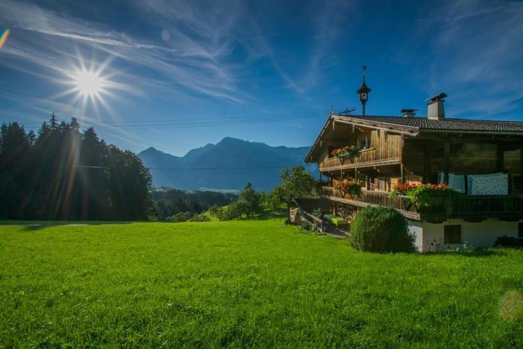 Das Bauernhaus in der Sonne, davor die Wiese